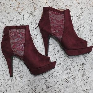 Red Lace Panel Peep Toe Platform Heel Ankle Boot